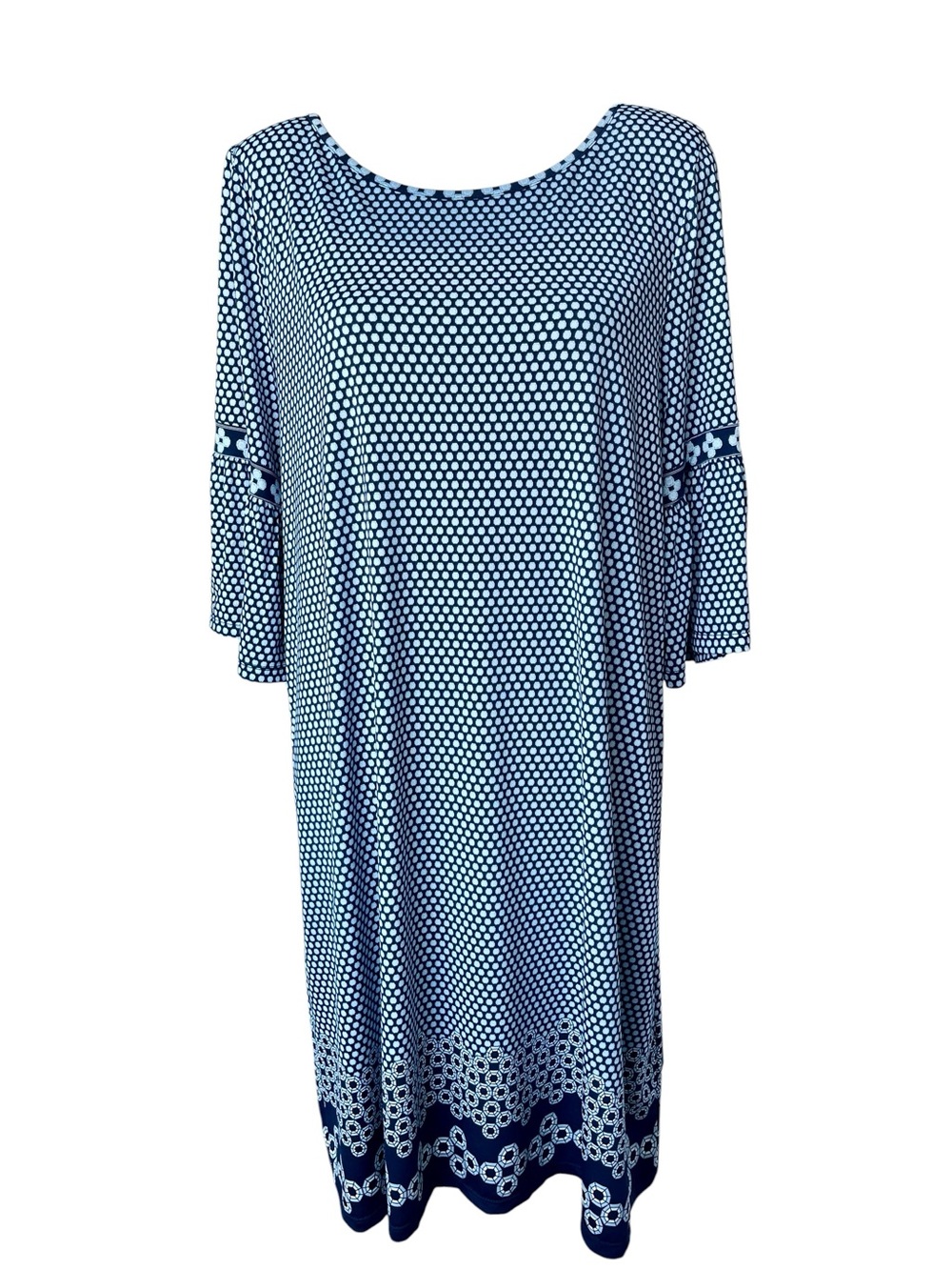 Max Studio Blue White Geometric Shift Dress XL 3/4 Bell Sleeve Stretch Knit - Picture 2 of 9